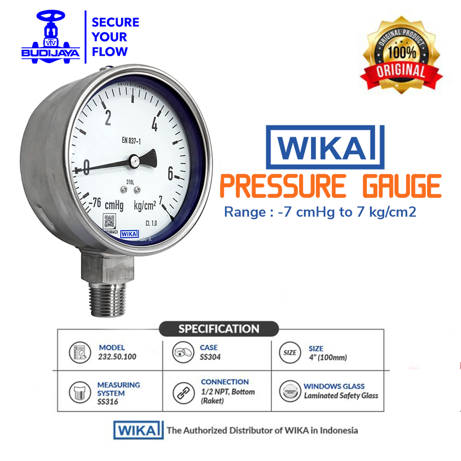 WIKA PRESSURE GAUGE 232.50.100, 4 Inch, 1/2NPT, (-76 cmHg to 7kg/cm2)