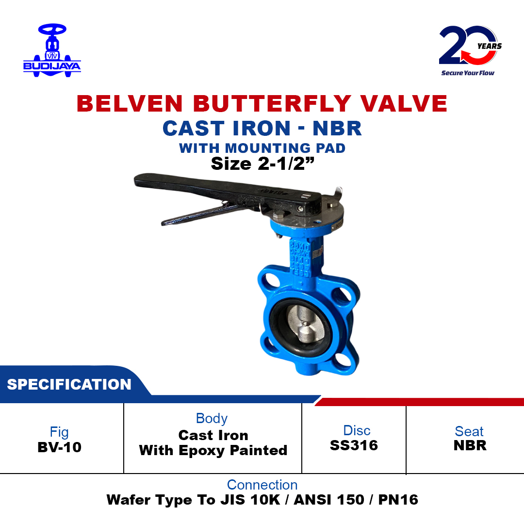 BELVEN Butterfly Valve Cast Iron , Seat NBR, Disc SS316, Size  2.5 Inch