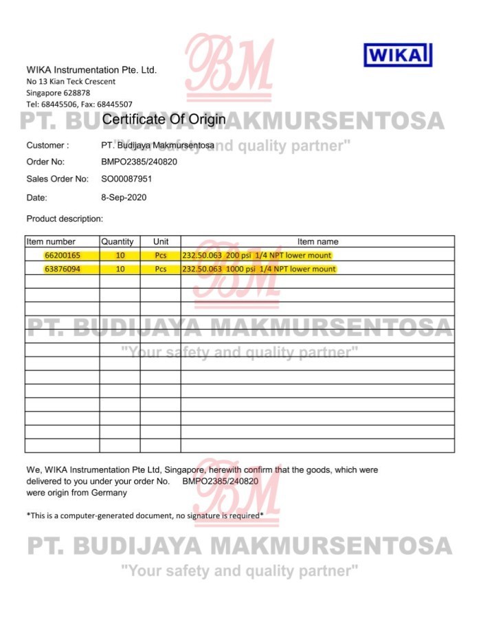 Certificate Of Origin & Certificate Of Compliance