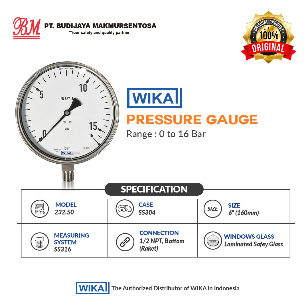 WIKA PRESSURE GAUGE 232.50, 6 Inch, 1/2 NPT - 0 to 16 Bar