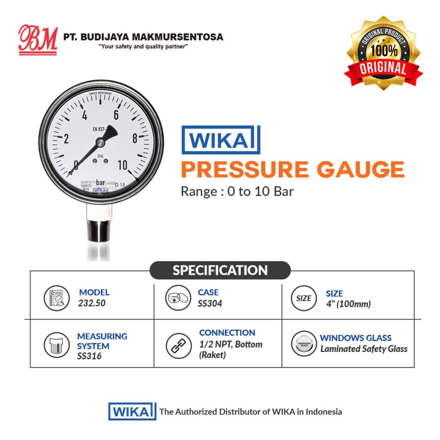 WIKA Pressure Gauge 232.50,, 4 Inch, 1/2 NPT - 0 to 10 Bar