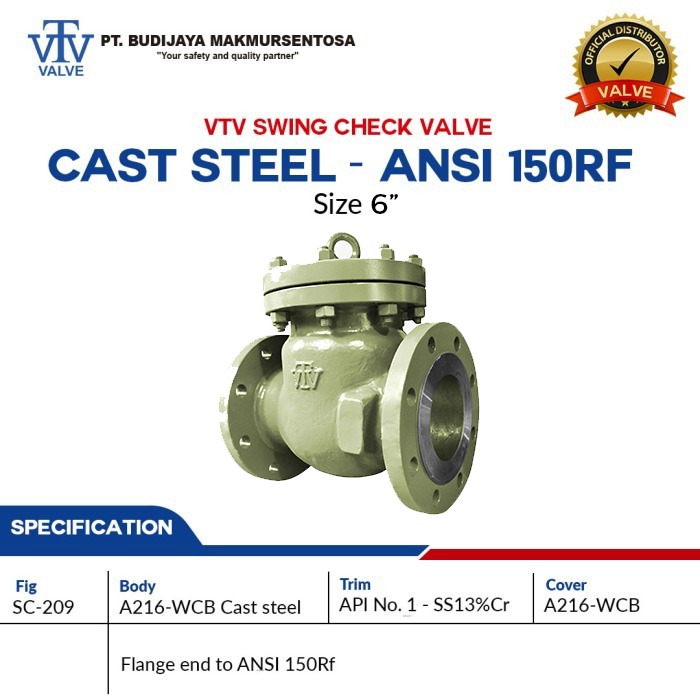 SWING CHECK VALVE VTV CAST STEEL - ANSI 150Rf SIZE 6 Inch