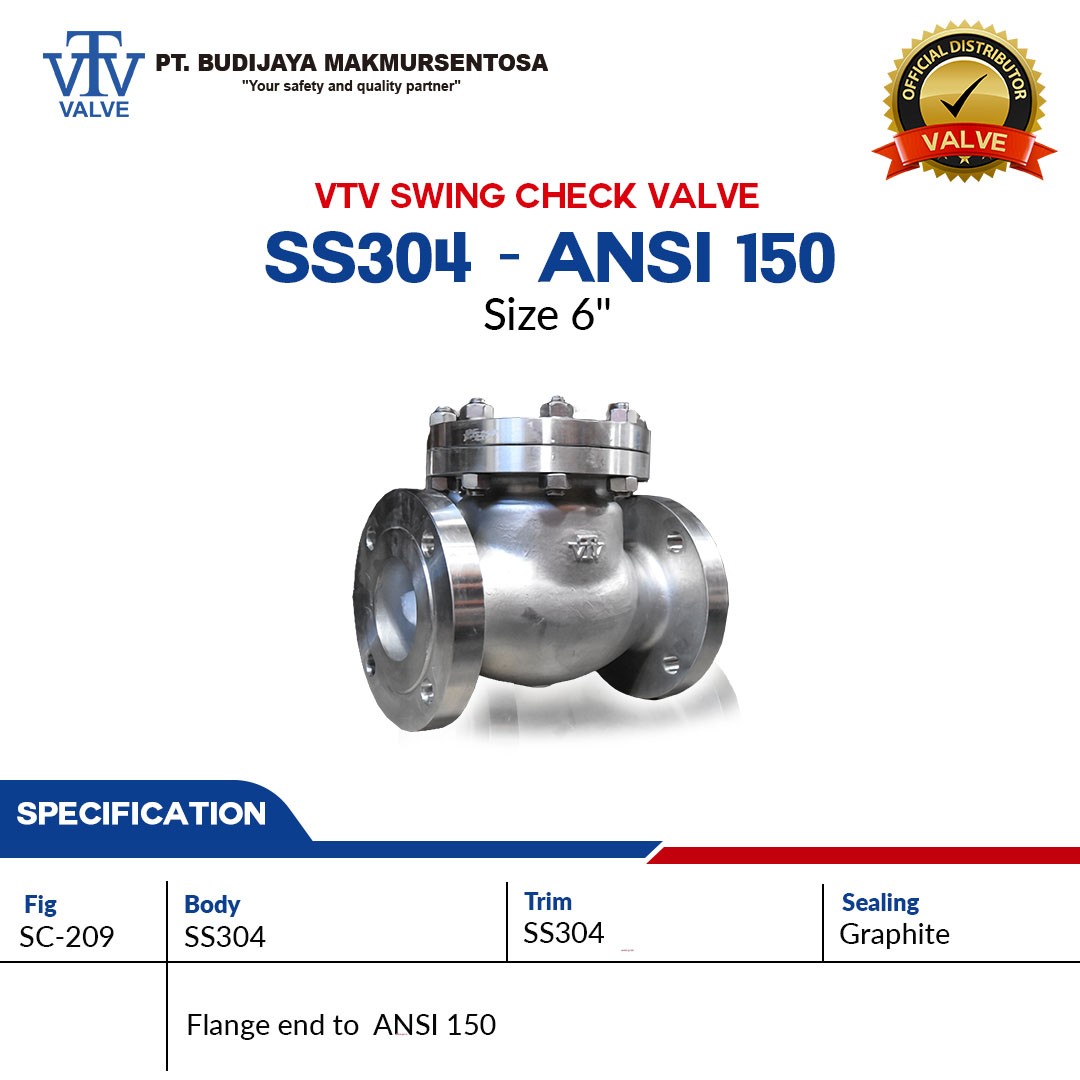 VTV SWING CHECK VALVE SS304 - ANSI 150 SIZE 6 Inch