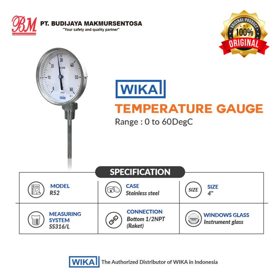 WIKA TEMPERATURE GAUGE R52, 4 INCH - 0 to 60DegC