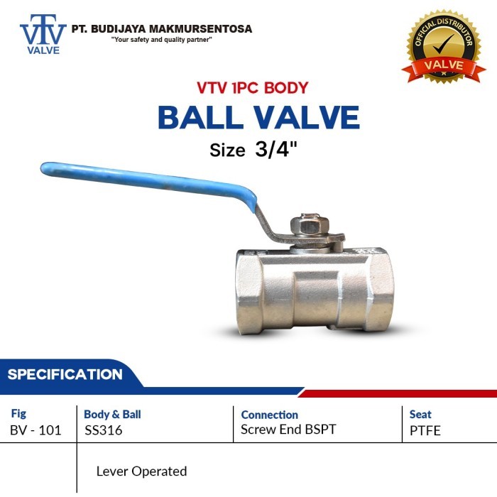 VTV 1pc Ball Valve SS316 Screw end BSPT - Size: 3/4 Inch