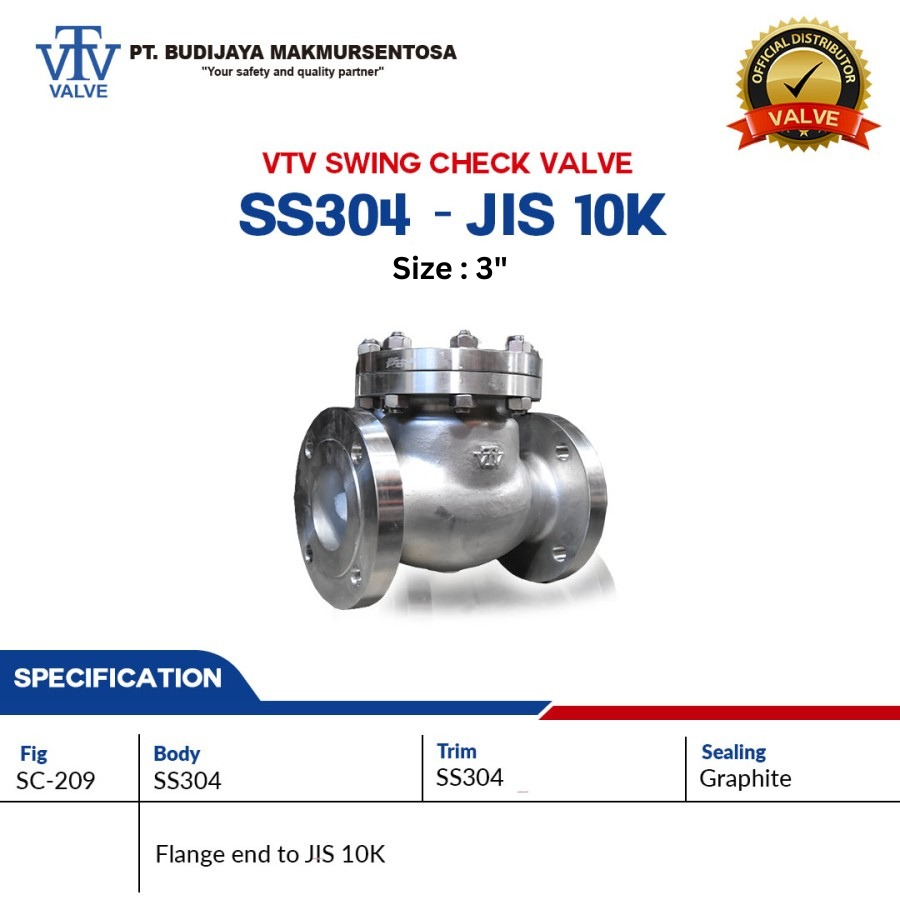 VTV SWING CHECK VALVE SS304 - JIS 10K SIZE 3 INCH