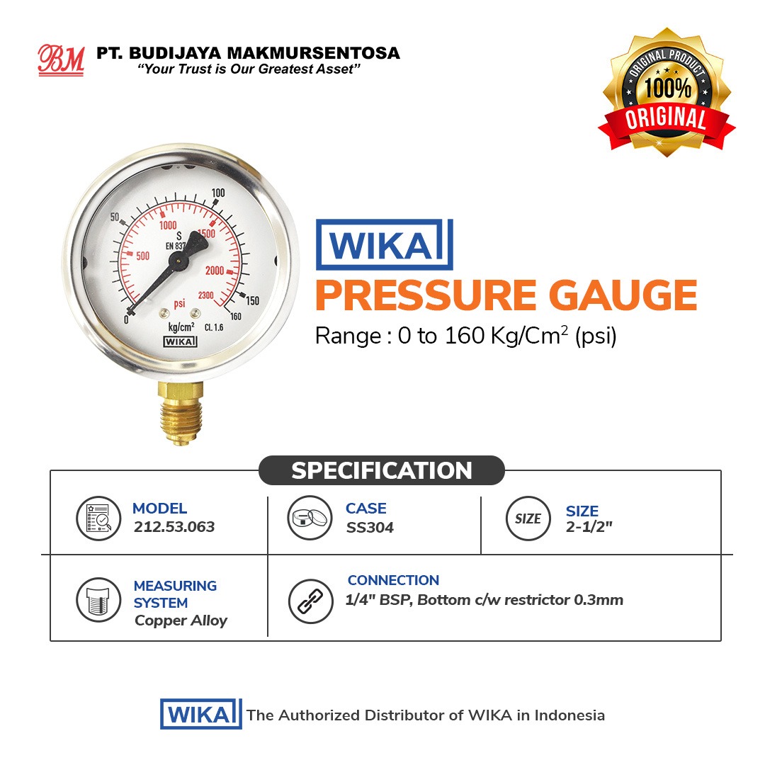 WIKA Pressure Gauge 212.53 2.5 Inch, 1/4 BSP restrictor 0.3mm - 0 to 160 Kg/cm2 psi