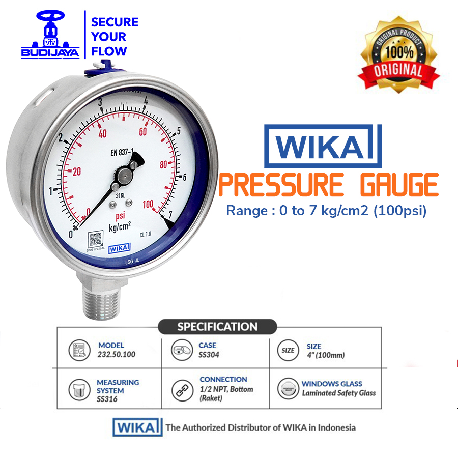 WIKA Pressure Gauge 232.50.100, 4 Inch, 1/2 NPT Bottom Connection - 0 to 7kg/cm-100psi