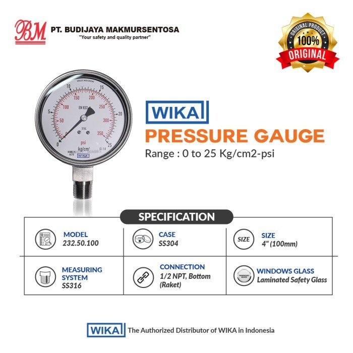 WIKA Pressure Gauge 232.50, 4 Inch, 1/2 NPT - 0 to 25 kg/cm2