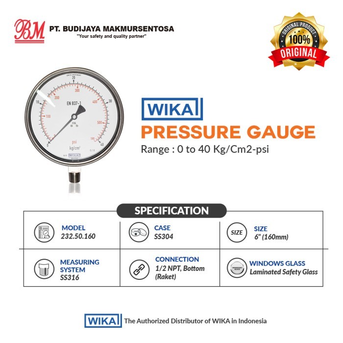 WIKA Pressure Gauge 232.50, 6 Inch, 1/2 NPT - 0 to 40 Kg/cm-psi