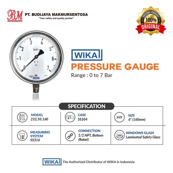 WIKA Pressure Gauge 232.50, 6 Inch, 1/2 NPT - 0 to 7 Bar